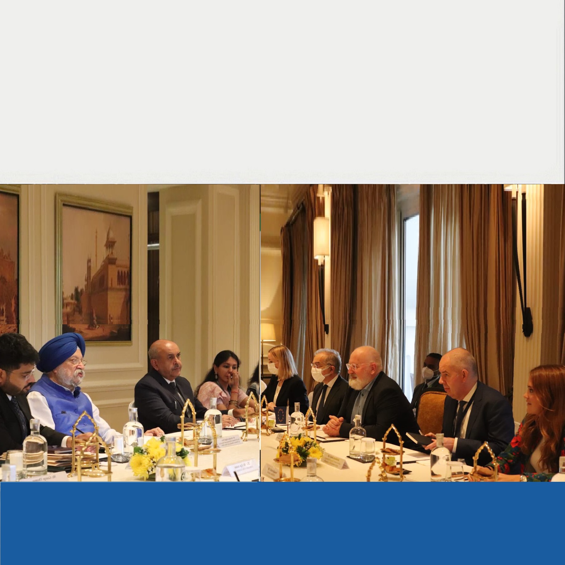 Min. MoPNG Shri Hardeep S Puri in a meeting with Shri Frans Timmermans Exec VP for European Green Deal.